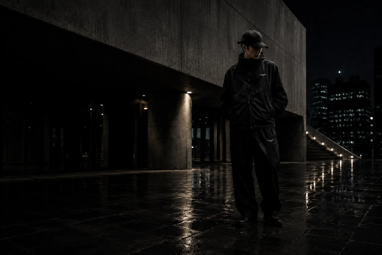 Gece, betonarme bir geçitte siyah teknik streetwear giyen model